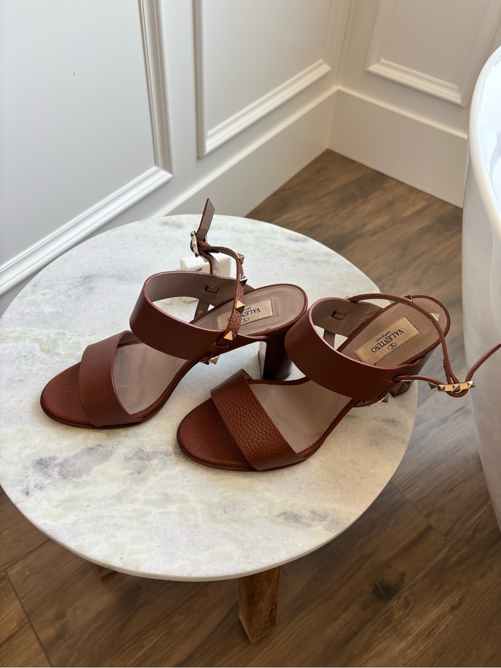 Valentino Tan Pebbled Leather Block Heel Sandals with Studded Ankle Strap